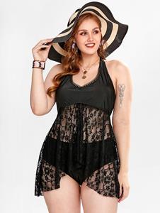 Rosegal Plus Size High Low Lace Panel Halter Backless Padded Tankini Swimsuit