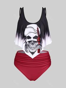 Rosegal Plus Size Ruffled Overlay Skull Print Ruched Tankini Swimsuit