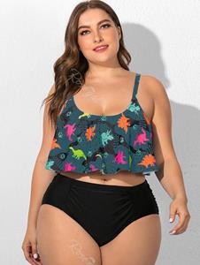 Rosegal Plus Size Dinosaur Print Ruffled Overlay High Waist Tankini Swimsuit