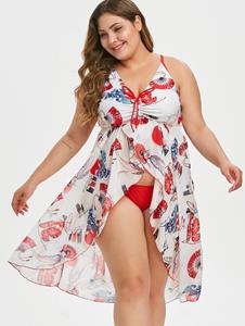 Rosegal Plus Size Oriental Printed Backless Longline Swim Dress