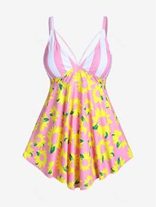 Rosegal Plus Size Sunflower Print Striped High Waist Modest Tankini Swimsuit