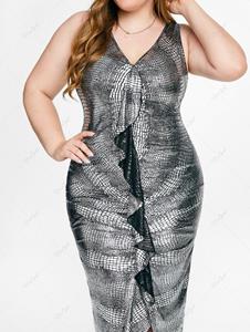 Rosegal Plus Size & Curve Metallic Color Ruffled Party Bodycon Midi Dress