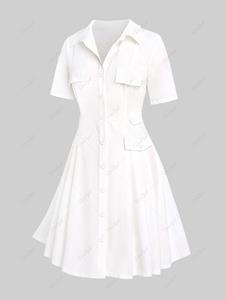 Rosegal Plus Size Flap Pockets Button Up Flared Shirt Dress