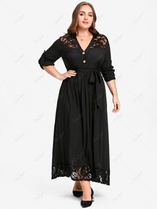 Rosegal Plus Size Roll Up Sleeve Lace Panel Maxi Dress