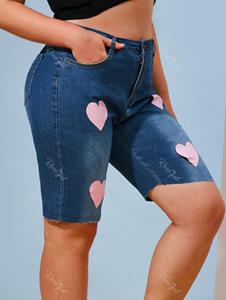 Rosegal Valentines Heart Print Plus Size Denim Bermuda Shorts