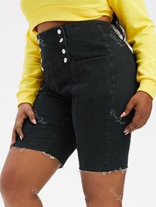Rosegal Plus Size & Curve Frayed Double Breasted Denim Biker Shorts
