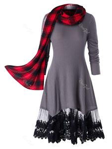 Rosegal Plus Size Lace Trim Long Tunic Knitwear With Plaid Scarf