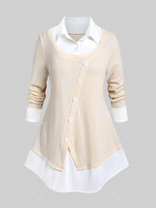 Rosegal Plus Size Shirt Collar Two Tone Long Sleeves 2 in 1 Sweater