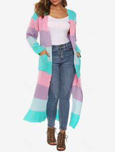 Rosegal Plus Size Colorblock Stripes Slit Drop Shoulder Longline Cardigan with Pocket