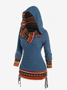 Rosegal Plus Size Hooded Ethnic Print Cinched Ruched Knitwear