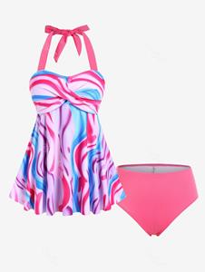 Rosegal Plus Size Halter Tie Dye Twist Tankini Swimsuit