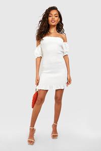 Boohoo Shirred Off The Shoulder Chambray Mini Dress, White