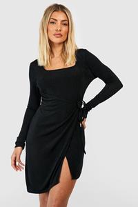Boohoo Textured Slinky Wrap Mini Dress, Black