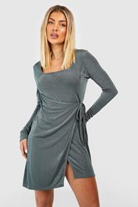 Boohoo Textured Slinky Wrap Mini Dress, Olive