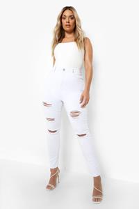 Boohoo Plus Super Versleten Skinny Jeans Met Hoge Taille, White