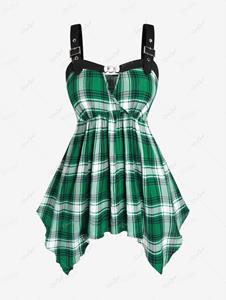 Rosegal Plus Size Plaid Chain Panel Buckle Grommet Ruched Tank Top