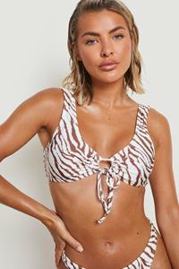 Boohoo Tijgerprint Bikini Top Met Laag Decolleté En Ceintuur, Cream