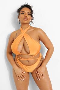 Boohoo Plus Gekruiste Korte Tropicana Bikini Top, Orange