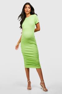 Boohoo Maternity Crinkle Rib Ruched Short Sleeve Bodycon Dress, Lime