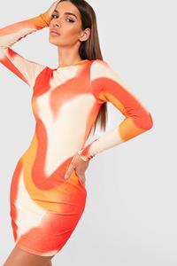 Boohoo Abstract Long Sleeve Printed Mini Dress, Orange