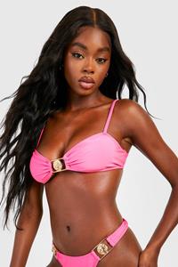 Boohoo Gold Tiger Trim Strappy Bikini Top, Hot Pink