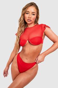 Boohoo Textured Mesh Overlay Underwired Bikini Top, Red