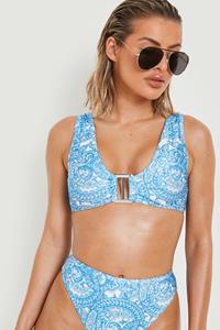 Boohoo Paisley Bikini Top Met Ring Detail En Laag Decolleté, Blue
