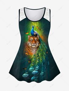 Rosegal Plus Size Tiger Peacock Butterfly Fish Print Lace Insert Tank Top