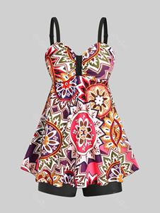 Rosegal Plus Size & Curve Tribal Print High Waist Modest Tankini Swimsuit