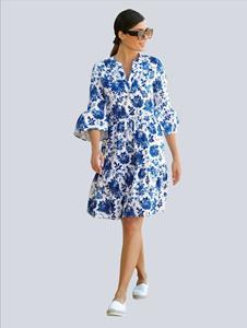 Kleid mit leicht gekräuseltem Taillienabnäher Alba Moda Blau/Weiß
