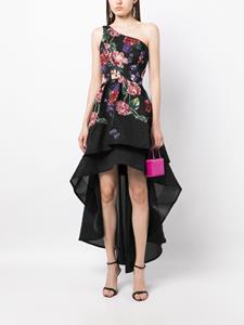 Marchesa Notte floral-embroidered one-shoulder tiered dress - Zwart
