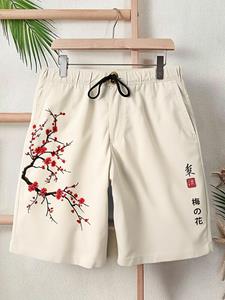 ChArmkpR Mens Japanese Plum Bossom Print Drawstring Waist Shorts