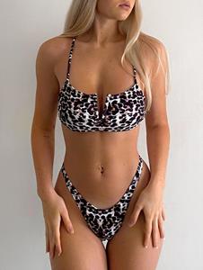 Zaful Leopard Gerippte Bikini Badebekleidung mit V Förmigen Rippen
