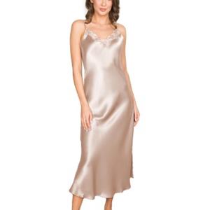 Lady Avenue Pure Silk Long Nightgown With Lace