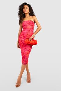 Boohoo Bandeau Printed Ruched Midi Dress, Pink
