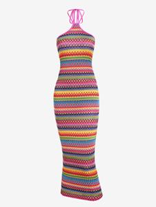 ZAFUL Women's Sexy Halter Tied Open Back Colorful Rainbow Zig Zag Stripes Knit Slinky Midi Dress