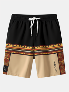ChArmkpR Mens Ethnic Pattern Patchwork Drawstring Waist Shorts With Pocket