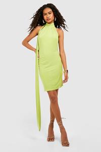 Boohoo Slinky Halterneck Drape Detail Mini Dress, Chartreuse