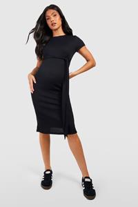 Boohoo Maternity Rib Belted Short Sleeve Midi Dress, Black