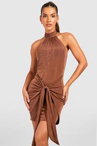 Boohoo Textured Slinky Halter Draped Mini Dress, Chocolate