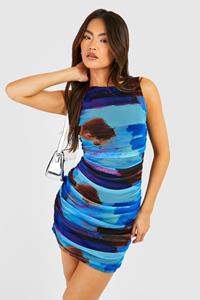 Boohoo Abstract Rouched Mesh Mini Dress, Blue