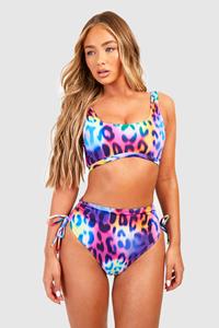 Boohoo Leopard Longline Scoop Bikini Top, Purple