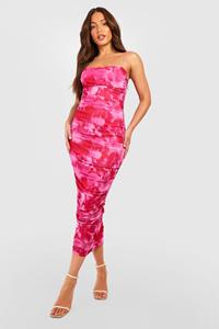 Boohoo Tall Ruched Mesh Tie Dye Midaxi Dress, Pink