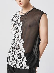 INCERUN Mens Floral Lace Splice Mesh See Through Sleeveless Tank