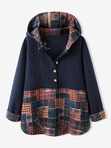 Rosegal Plus Size Half Button Embossed Patchwork Plaid Hoodie
