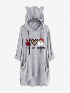 Rosegal Plus Size Christmas Graphic Print Cat Ear High Low Hoodie