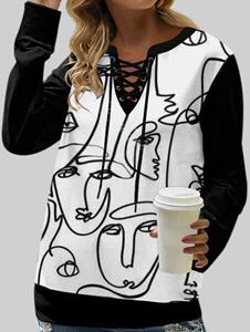 Rosegal Plus Size Portrait Sketch Printed Notched Lace-up Pullover Sweatshirt