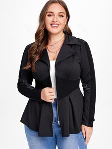 Rosegal Plus Size Ribbed Panel Zipper Fly Turn Down Collar Jacket