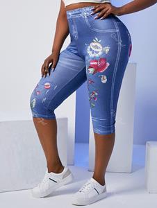 Rosegal Plus Size Wildflower 3D Jean Print High Waisted Capri Jeggings
