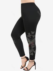 Rosegal Plus Size & Curve Rhinestone Butterfly Embellished High Waisted Leggings